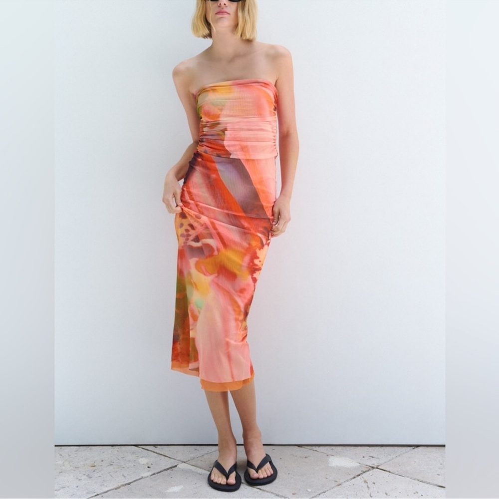 Zara Strapless Printed Tulle Dress